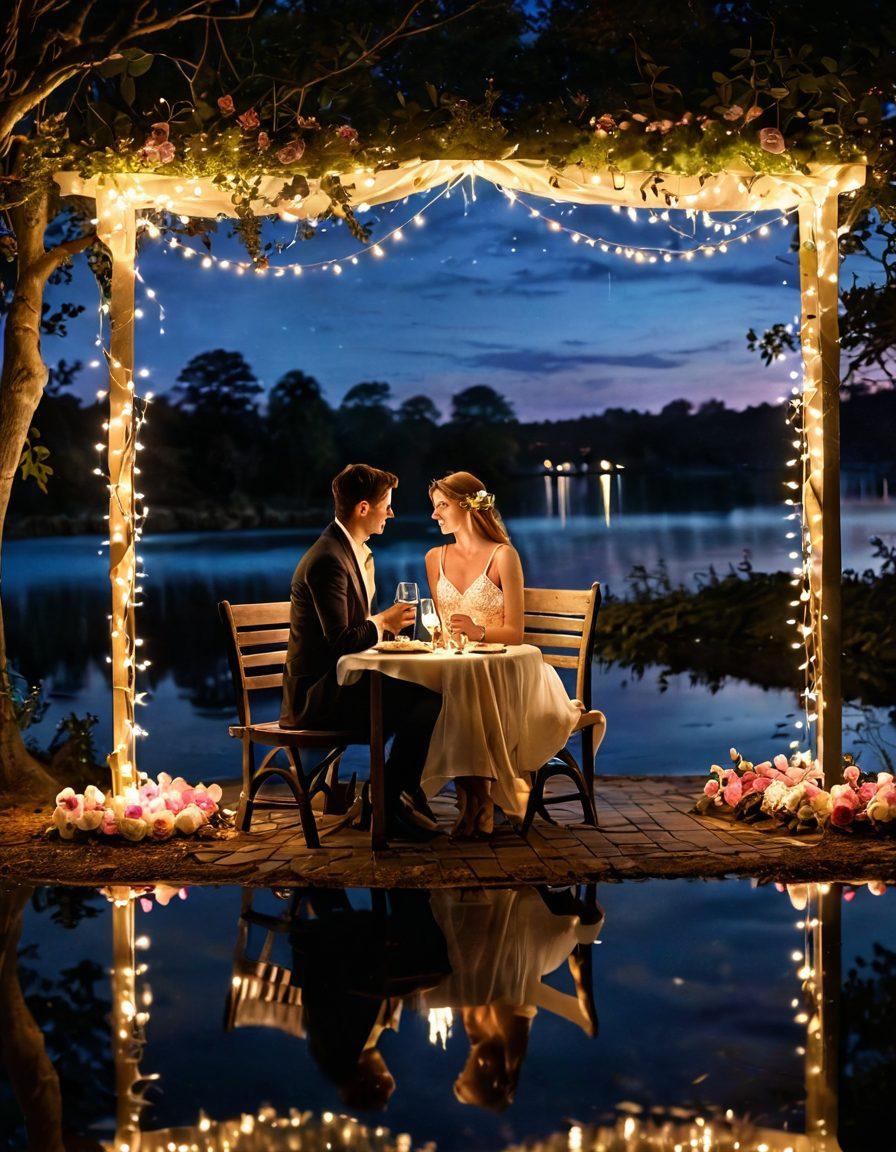 A romantic scene depicting an elegant couple sharing a glance under a canopy of twinkling fairy lights, surrounded by soft rose petals and a shimmering moonlit lake. The atmosphere is filled with warmth and charm, showcasing elements like a cozy picnic setup with wine glasses, and a light breeze gently moving through the trees. Magical, ethereal, and inviting, it captures the essence of romance and companionship. super-realistic. vibrant colors. soft focus.