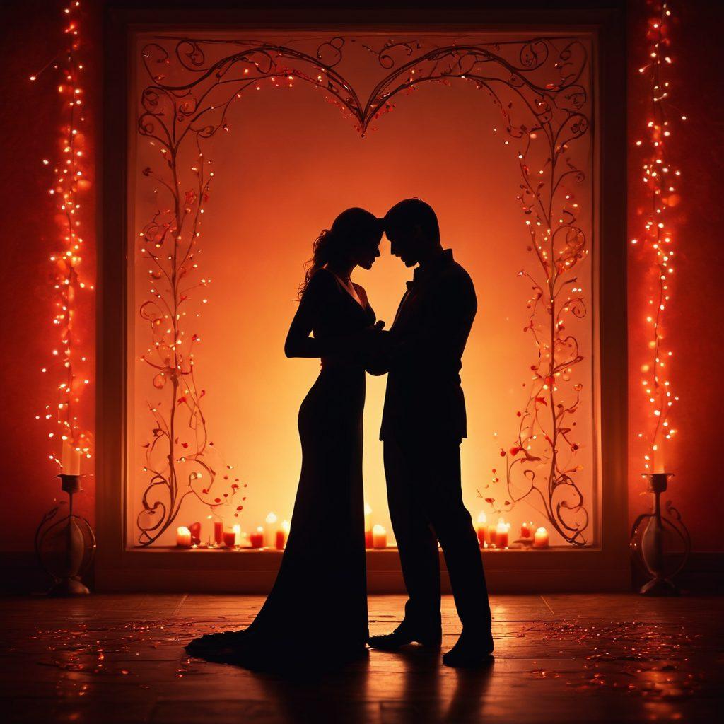 A candlelit romantic setting with two silhouettes engaged in flirtation, surrounded by playful sparks of passion. Incorporate vibrant colors with hints of red and gold to symbolize attraction. Add soft shadows and glowing hearts in the background to evoke warmth and intimacy. Capture an air of mystery with light reflections and subtle textures. super-realistic. vibrant colors. soft focus.